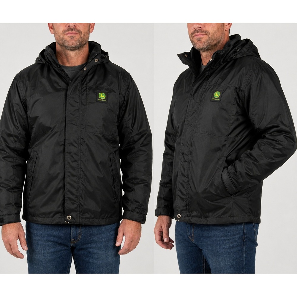 John Deere Mens Black Hooded Windbreaker Rain Jacket L JWM251WJ88003